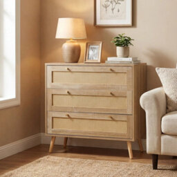 Natural Wooden Boho Rattan 3 Drawer Nightstand Dresser - thumbnail 5