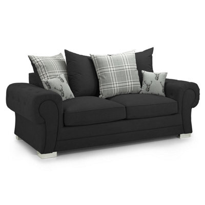 Furnishings For Less UK Milan Fabric 3 Seater Sofa Black Fabric Scatter Back Chesterfield Style - image 1