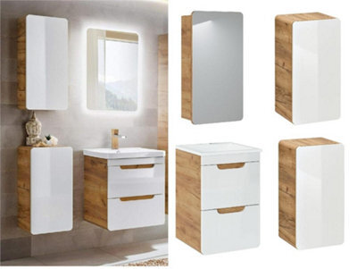 Impact Furniture Wall Vanity Drawer Cabinet With 400mm Sink With Storage Units And Mirror Cabinet Bathroom Furniture Set White Gloss / Oak Aruba - image 1