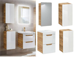 Impact Furniture Wall Vanity Drawer Cabinet With 400mm Sink With Storage Units And Mirror Cabinet Bathroom Furniture Set White Gloss / Oak Aruba
