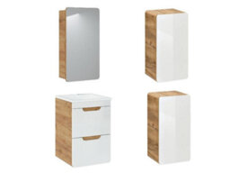Impact Furniture Wall Vanity Drawer Cabinet With 400mm Sink With Storage Units And Mirror Cabinet Bathroom Furniture Set White Gloss / Oak Aruba - thumbnail 2