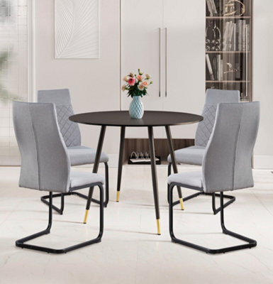 Hallowood Furniture Finley Small Round Dining Table In Black Finish With 4 High Back Light Grey Fabric Chairs - image 1