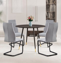 Hallowood Furniture Finley Small Round Dining Table In Black Finish With 4 High Back Light Grey Fabric Chairs - thumbnail 1