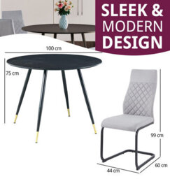 Hallowood Furniture Finley Small Round Dining Table In Black Finish With 4 High Back Light Grey Fabric Chairs - thumbnail 3
