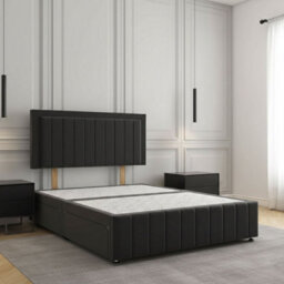 REGIONAL FURNISHINGS Black Plush Velvet Divan Bed Upholstered 24Inch Headboard & Footboard 2Drawers Footend & No Mattress In 4Ft 4Ft6 5Ft 6Ft Sizes