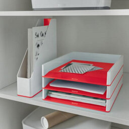 Leitz Wow White Red Plastic Home Office Desktop Storage Organiser Rectangular Stackable A4 Paper Document Magazine Letter Tray - thumbnail 3