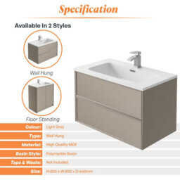 Plum&clay Jenner Light Grey Wall Hung Vanity Unit & Basin Set (W)800mm (H)500mm - thumbnail 4