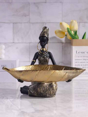 African Girl Holding Plate Sculpture Home Office Decor Ornament - image 1