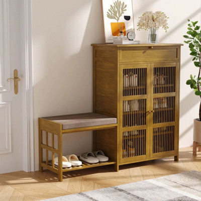 Wooden Shoe Storage Cabinet W/stool, 4 Tier 2 Doors Shoe Organizer - image 1