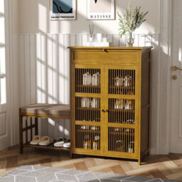 Wooden Shoe Storage Cabinet W/stool, 4 Tier 2 Doors Shoe Organizer - thumbnail 3