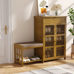 Wooden Shoe Storage Cabinet W/stool, 4 Tier 2 Doors Shoe Organizer - thumbnail 1