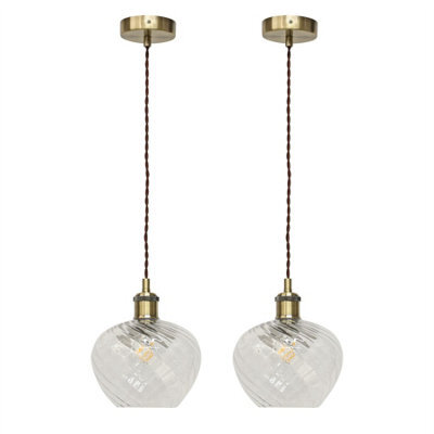 First Choice Lighting Set Of 2 Bradson - Clear Swirl Glass Antique Brass Retro Pendants - image 1