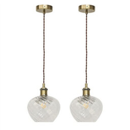 First Choice Lighting Set Of 2 Bradson - Clear Swirl Glass Antique Brass Retro Pendants - thumbnail 1