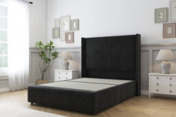 "Sloomy Stratford Black Plush Divan Bed 2 Drawers Foot-End With 54"" Wingback Headboard & 12"" Footboard 4' Small Double"