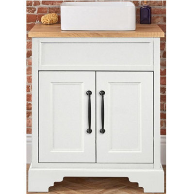Homestylestore Antique White And Oak 645mm Bathroom Vanity Unit With Square Countertop Basin And Black T Bar Handles - image 1