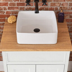 Homestylestore Antique White And Oak 645mm Bathroom Vanity Unit With Square Countertop Basin And Black T Bar Handles - thumbnail 2