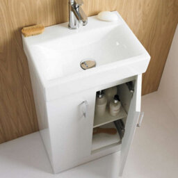 Bubly Bathrooms 450mm Compact Vanity Unit Gloss White Floorstanding 2-Door Storage For Small Bathrooms & Cloakrooms - thumbnail 1