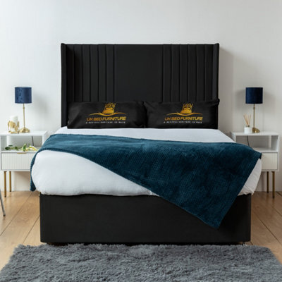 UKBEDFURNITURE Skyline Black Plush Wingback Divan Bed Base With 54 Inch Headboard - No Storage - image 1