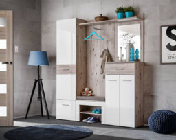 Arte Gustavo Iii Hallway Set In Oak Wellington & White Gloss - Flexible Entryway System With Tall Storage, Bench & Mirror