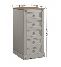Mercers Furniture Corona Grey Wax 5 Drawer Narrow Chest Solid Pine With Mexican Styling - thumbnail 4