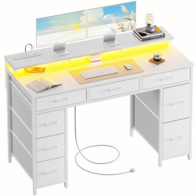 Precision Synergie Computer Desk With 8 Fabric Drawers, 120X50Cm Home Office Desk With Led & Power Outlets, White - image 1