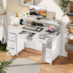Precision Synergie Computer Desk With 8 Fabric Drawers, 120X50Cm Home Office Desk With Led & Power Outlets, White - thumbnail 2