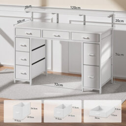 Precision Synergie Computer Desk With 8 Fabric Drawers, 120X50Cm Home Office Desk With Led & Power Outlets, White - thumbnail 3