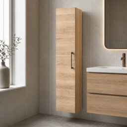 Balterley Bramshall Modern Bathroom 1 Soft Close Door Wall Hung Tall Storage Unit, Woodgrain Light Oak With Copper Handle, 300 mm - thumbnail 4