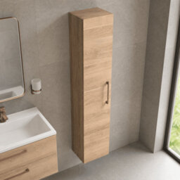 Balterley Bramshall Modern Bathroom 1 Soft Close Door Wall Hung Tall Storage Unit, Woodgrain Light Oak With Copper Handle, 300 mm - thumbnail 3