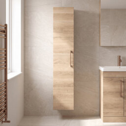 Balterley Bramshall Modern Bathroom 1 Soft Close Door Wall Hung Tall Storage Unit, Woodgrain Light Oak With Copper Handle, 300 mm - thumbnail 2