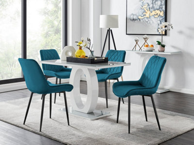 Furniturebox Giovani Rectangular 4 Seat White High Gloss Unique Halo Base Dining Table Grey Glass Top 4 Blue Velvet Black Leg Pesaro Chairs - image 1