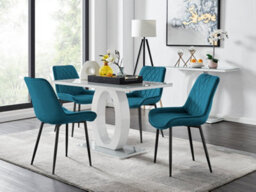 Furniturebox Giovani Rectangular 4 Seat White High Gloss Unique Halo Base Dining Table Grey Glass Top 4 Blue Velvet Black Leg Pesaro Chairs