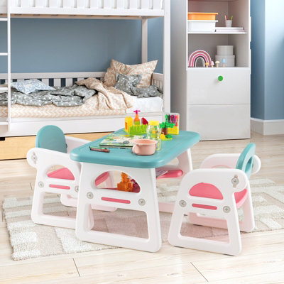 Costway 3 Pcs Kids Table & Chairs Set Children Toddler Activity Desk Set W/ Storage Rack - image 1