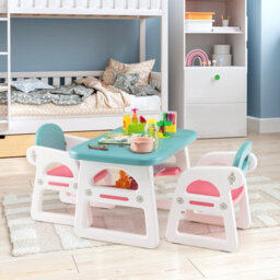 Costway 3 Pcs Kids Table & Chairs Set Children Toddler Activity Desk Set W/ Storage Rack - thumbnail 1
