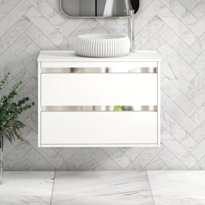 Royal Bathrooms Orion 800mm Matt White Wall Hung Plain White Countertop Vanity Unit 2 Drawer With Milan Basin & Chrome Accent Trim - image 1