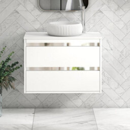 Royal Bathrooms Orion 800mm Matt White Wall Hung Plain White Countertop Vanity Unit 2 Drawer With Milan Basin & Chrome Accent Trim
