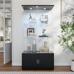 Glass Display Cabinets With Lockable,bookcase Bookshelf With Led And 3 Tier, High Gloss Cupboard For Living Room,black