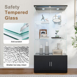 Glass Display Cabinets With Lockable,bookcase Bookshelf With Led And 3 Tier, High Gloss Cupboard For Living Room,black - thumbnail 6