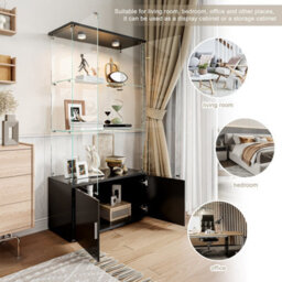 Glass Display Cabinets With Lockable,bookcase Bookshelf With Led And 3 Tier, High Gloss Cupboard For Living Room,black - thumbnail 7