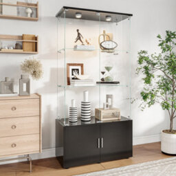Glass Display Cabinets With Lockable,bookcase Bookshelf With Led And 3 Tier, High Gloss Cupboard For Living Room,black - thumbnail 2