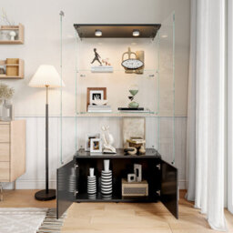 Glass Display Cabinets With Lockable,bookcase Bookshelf With Led And 3 Tier, High Gloss Cupboard For Living Room,black - thumbnail 3