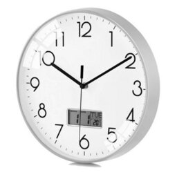 ATEK 12 Inch Wall Clock Silver Silent Non Ticking Modern Quartz Analog Clocks Digital Date Day Temperature For Office Kitchen Bedroom