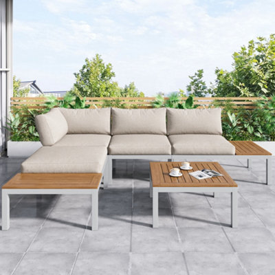 Matteo Compact Outdoor Garden Lounge Set With L-Shaped Sofa And Wooden Table, Beige - image 1