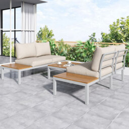 Matteo Compact Outdoor Garden Lounge Set With L-Shaped Sofa And Wooden Table, Beige - thumbnail 3