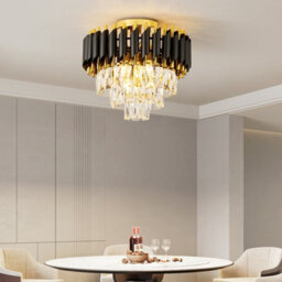 Harper Living Crystal Ceiling Light, Modern Chandelier Lighting With 3 Tiers Crystals, Black & Gold Finish, Semi Flush - thumbnail 5