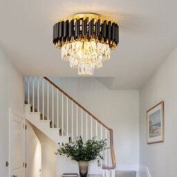 Harper Living Crystal Ceiling Light, Modern Chandelier Lighting With 3 Tiers Crystals, Black & Gold Finish, Semi Flush - thumbnail 6