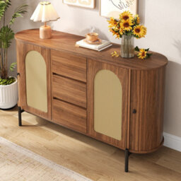 Btm Rattan Sideboard Cabinet, Sliding Doors, Drawers And Adjustable Shelves, Wood Effect Storage Cabinet - thumbnail 9