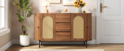 Btm Rattan Sideboard Cabinet, Sliding Doors, Drawers And Adjustable Shelves, Wood Effect Storage Cabinet - thumbnail 5