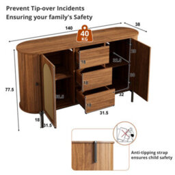 Btm Rattan Sideboard Cabinet, Sliding Doors, Drawers And Adjustable Shelves, Wood Effect Storage Cabinet - thumbnail 6