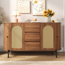 Btm Rattan Sideboard Cabinet, Sliding Doors, Drawers And Adjustable Shelves, Wood Effect Storage Cabinet